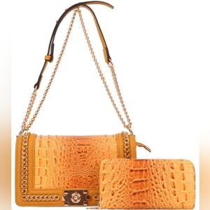 Elegant Mustard Yellow Croc-Embossed Women's Bag 2pc